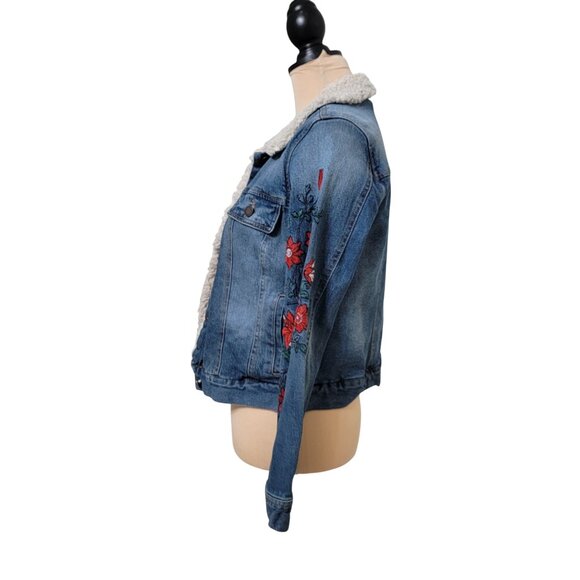 Jolt Size S Denim Jacket With Sherpa Lining and Floral Embroidery, Gently Used - Picture 4 of 12